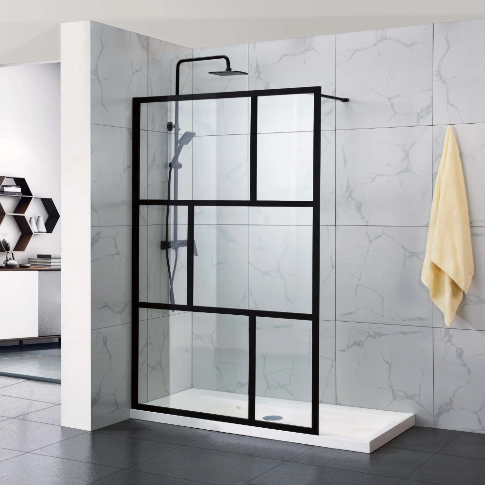 COVEY Framed 6 Printed Grills Walk-In Single Panel With Support Bar Shower Screen (Matte Black)