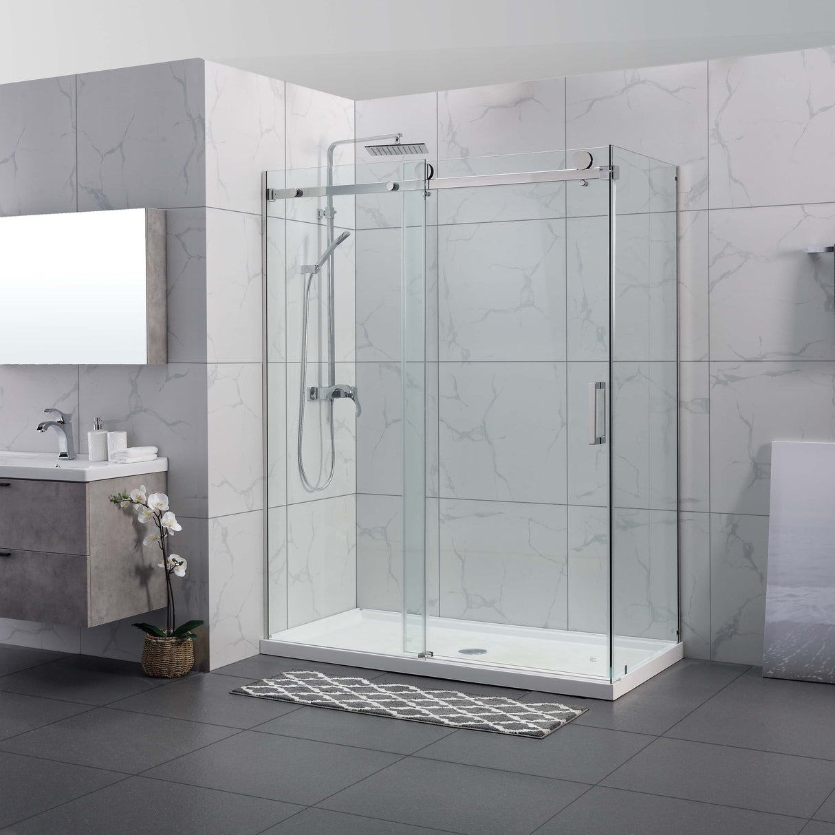 COVEY Wall To Wall Frameless Single Sliding Door Shower Screen Square Handle 1180 - 2000mm