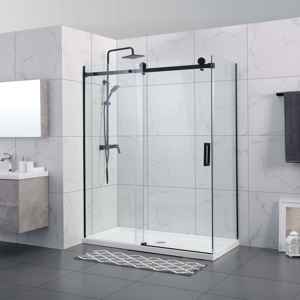 COVEY Wall To Wall Frameless Single Sliding Door Shower Screen Square Handle 1180 - 2000mm