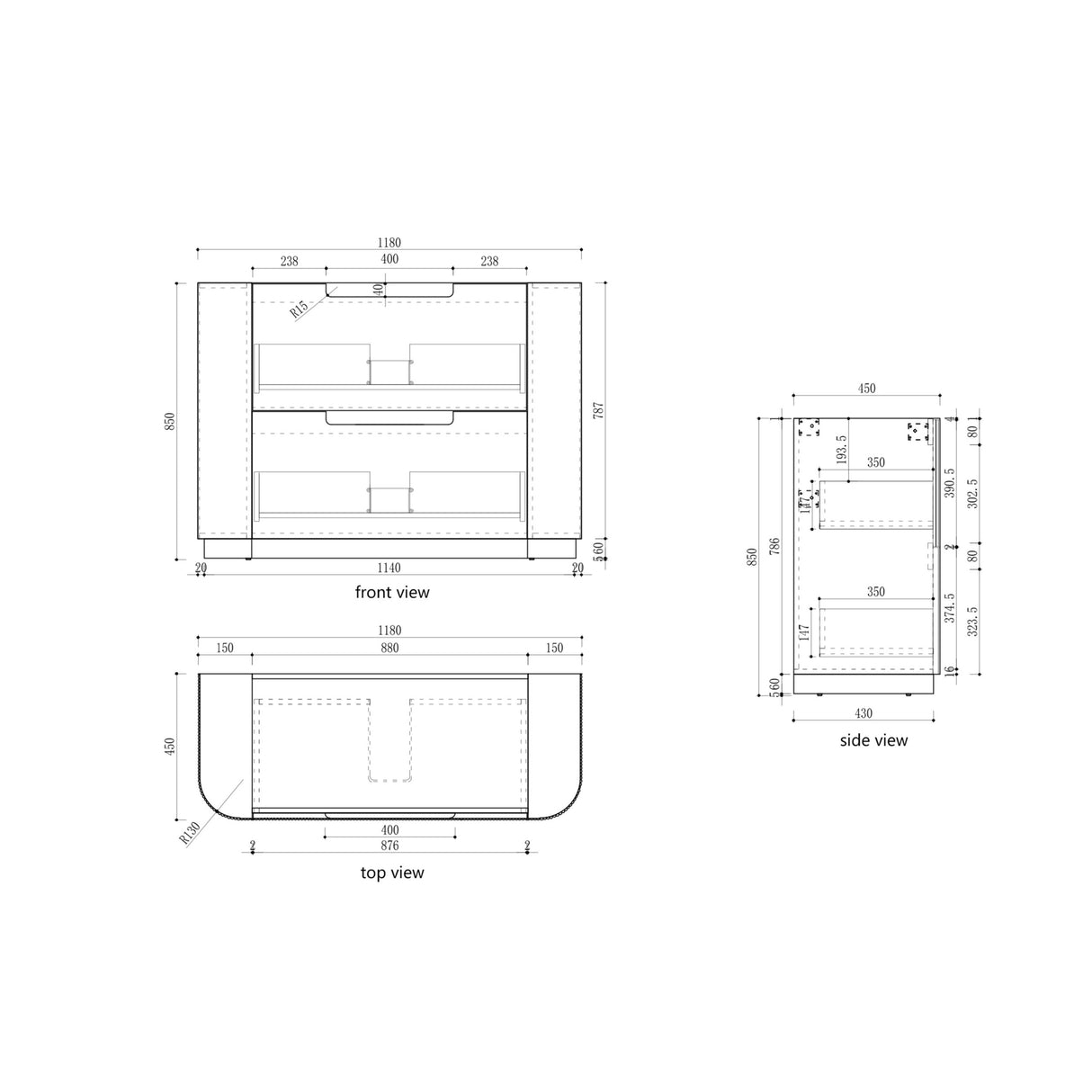 CURVA Floor Stading Curve Vanity Matte White (All Sizes) drawing-1200mm
