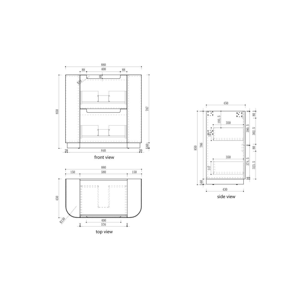CURVA Floor Stading Curve Vanity Matte White (All Sizes)-drawing 900