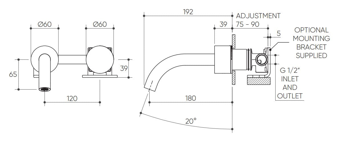 Cahya Wall Basin/Bath Progressive Mixer Set 180 Curved Spout Lead Free drawing