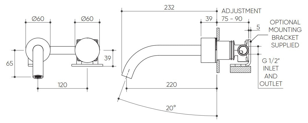 Cahya Wall Basin/Bath Progressive Mixer Set 220 Curved Spout Lead Free drawing