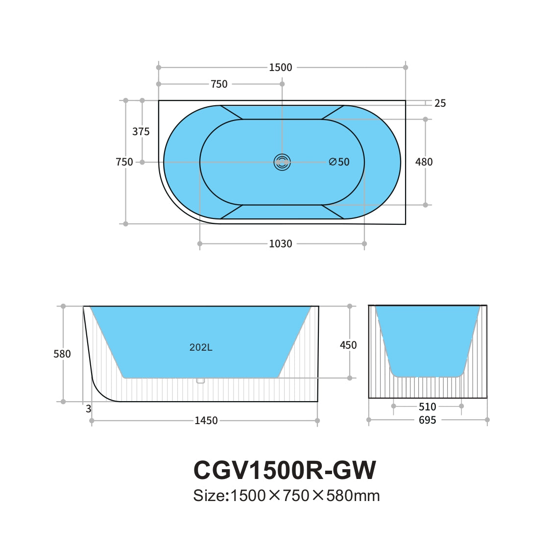 Capri Back to Wall Bathtub (LeftCorner/ Gloss White/Matte White) (1500/1700mm)