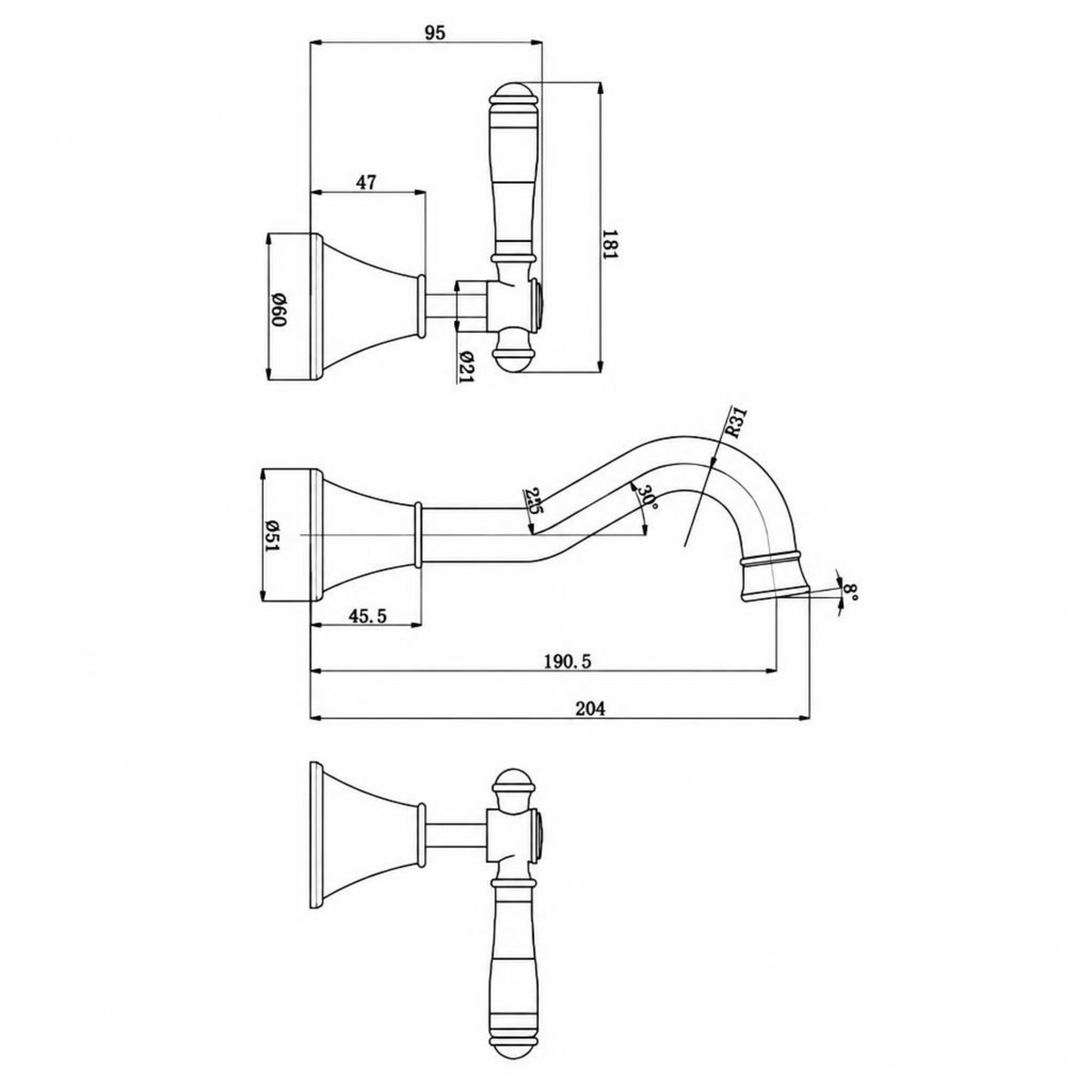 Clasico Bath Tap Set - Ceramic Handle Drawing