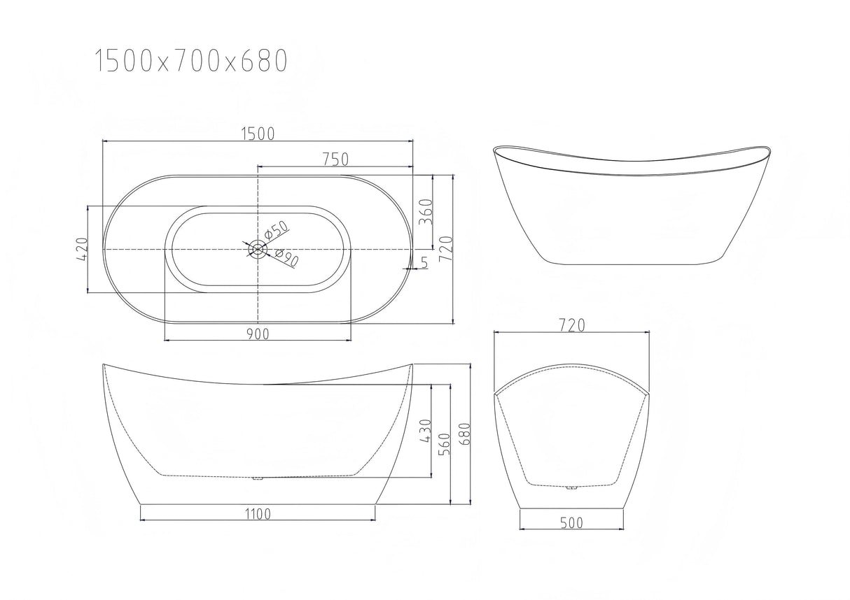 Opal Ultra-thin Freestanding Bathtub With Overflow 1500mm (Gloss White)