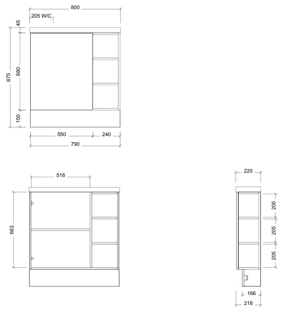 Timberline EADIE Space Saving Single Bowl Floor Standing Vanity (800mm) Drawing