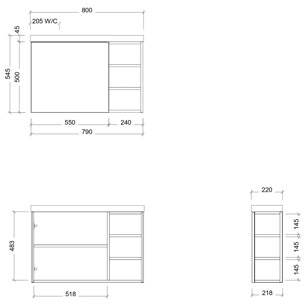 Timberline EADIE Space Saving Single Bowl Wall Hung Vanity (800mm) Drawing