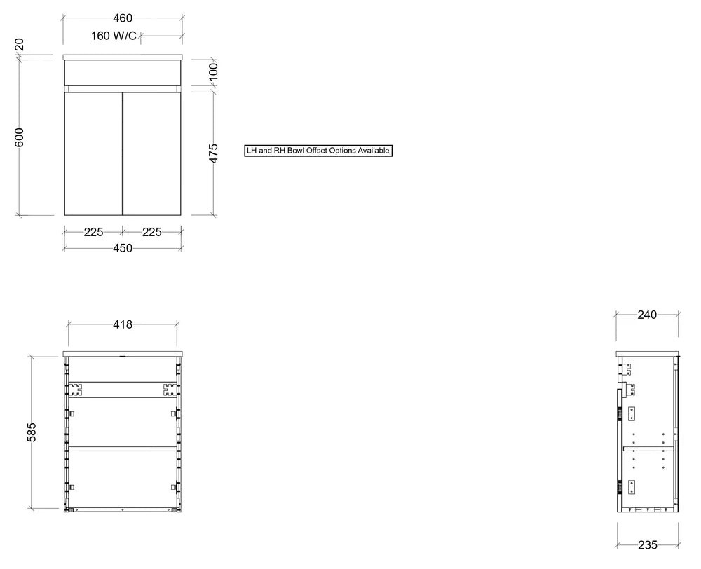 Timberline ENSUITE 460mm Space Saving Single Bowl Wall Hung Vanity (Drawing)