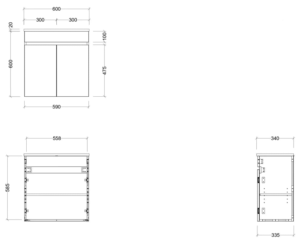 Timberline ENSUITE 600mm Space Saving Single Bowl Wall Hung Vanity (Drawing)