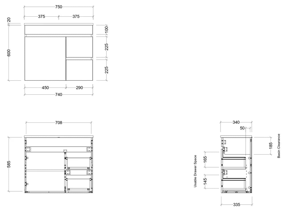 Timberline ENSUITE 750mm Space Saving Single Bowl Wall Hung Vanity (Drawing)