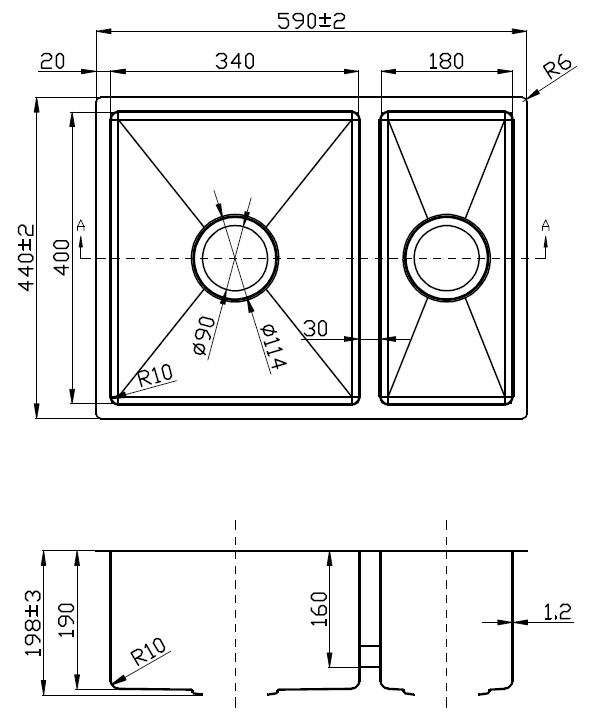 Eden 1 & 1 / 2 Bowl Above / Undermount Sink 590mm Drawing