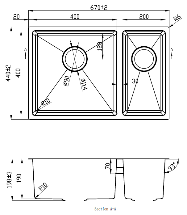 Eden 1 & 1 / 2 Bowl Above / Undermount Sink 93 degreee 670mm Drawing