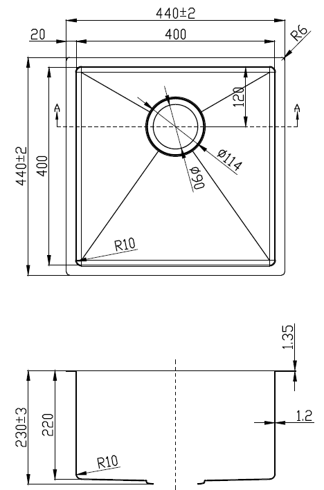 Eden Single Bowl Above / Undermount 230mm Deep Sink 400mm Drawing