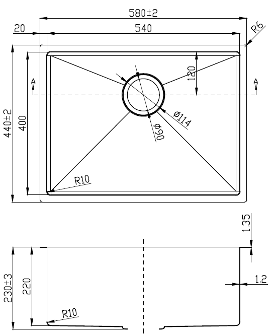 Eden Single Bowl Above / Undermount 230mm Deep Sink 540mm Drawing