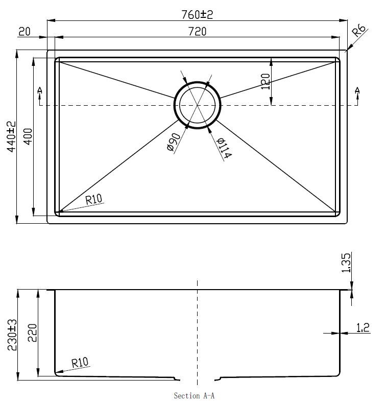 Eden Single Bowl Above / Undermount 230mm Deep Sink 720mm Drawing