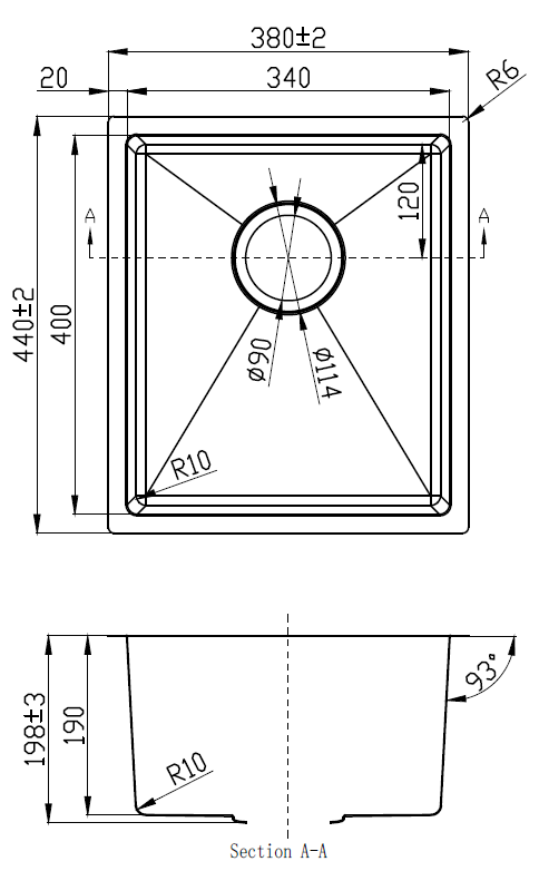 Eden Single bowl Undermount Sink 93 degree 340mm Drawing