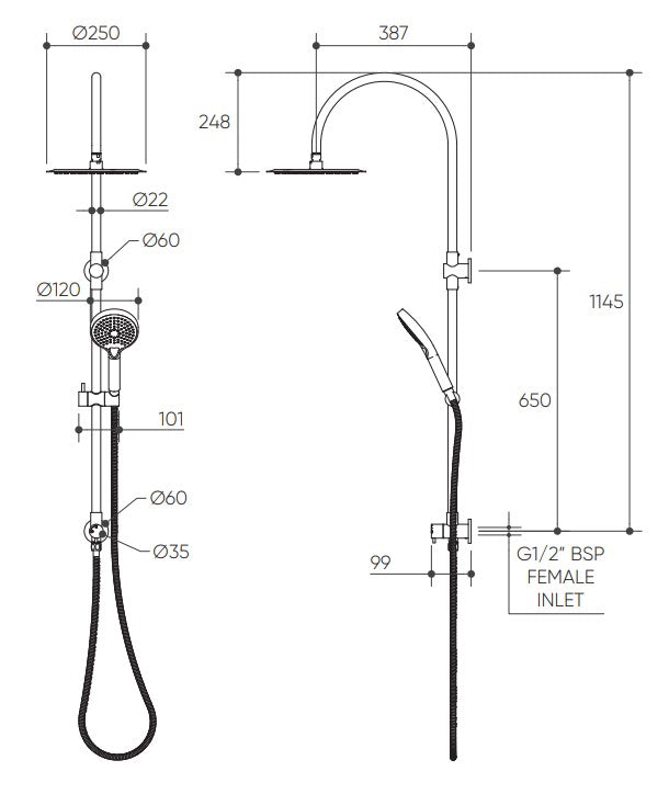 Elanna Combination Shower Set with Gooseneck Arm drawing