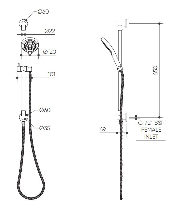 Elanna Rail Hand Shower Bottom Inlet drawing