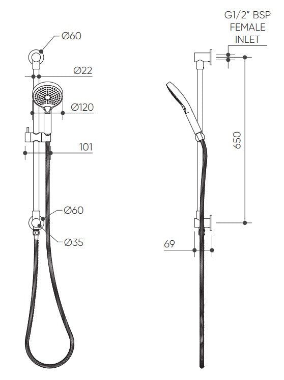 Elanna Rail Hand Shower Top Inlet drawing