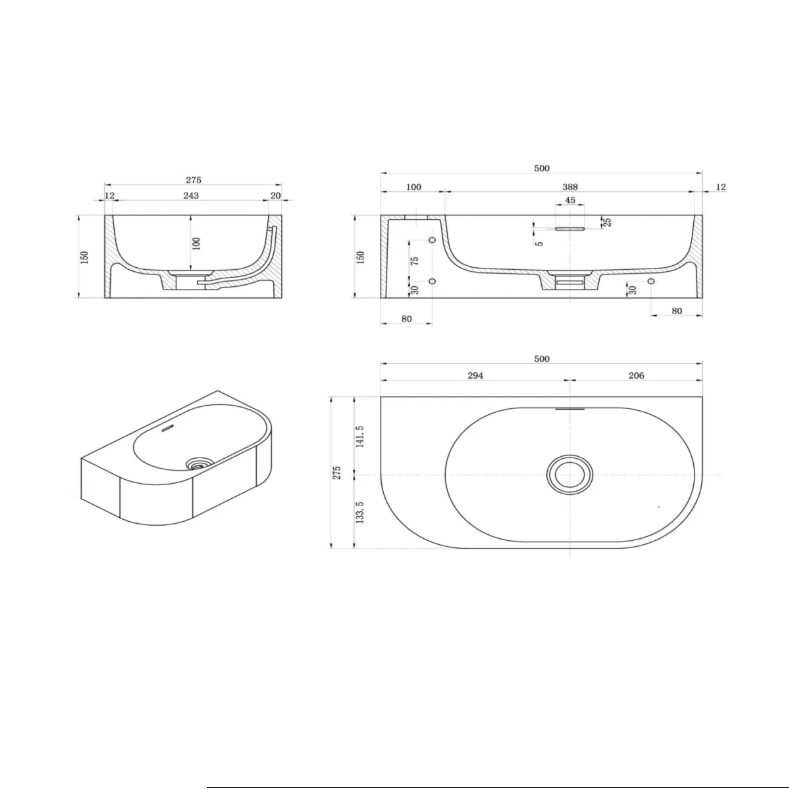 Elysia - Wall Hung - LH - 500 x 275 x 150mm