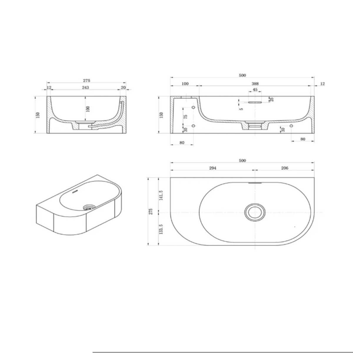 Elysia - Wall Hung - LH - 500 x 275 x 150mm
