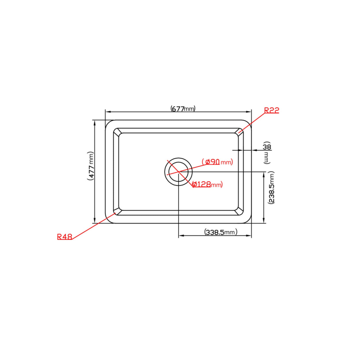 POS Camden Gloss White Fireclay Undermount Kitchen Sink 677x470x254mm