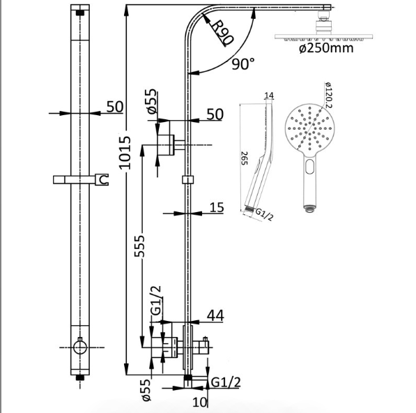 Kara Multifunction Shower Set - Technical Drawing
