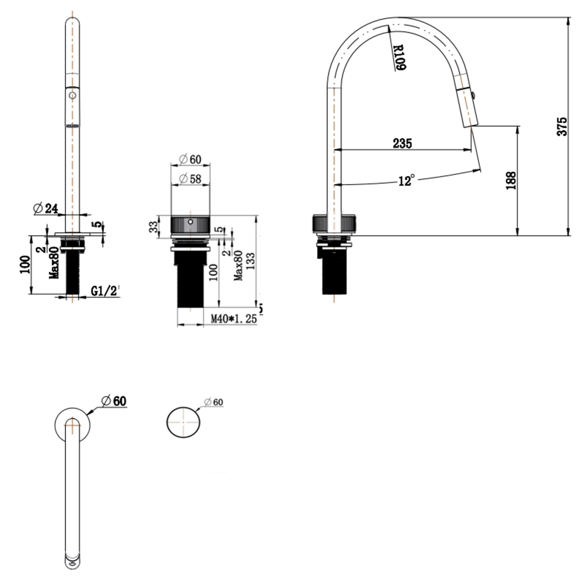 Mica fluted pull-out hob mixer set