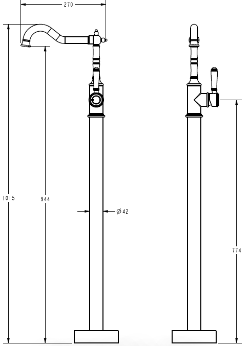 Clasico Free Standing Bath Mixer - Ceramic Handle - Technical Drawing