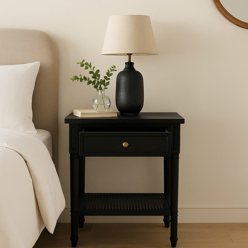 Hampton Cane Mindi Wood Bedside Table – Black - 0.57m