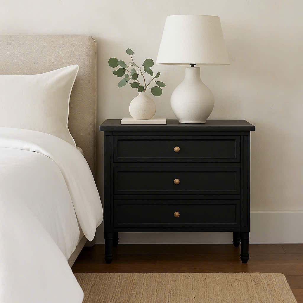 Hampton Cedar Bedside Table/ Nightstand – 3 Drawer – Black– 0.91m