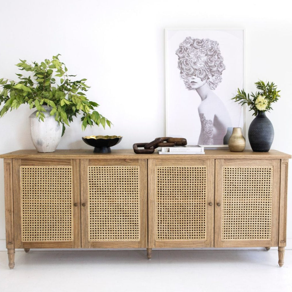 Hampton Weathered Oak Cane Four Door Sideboard - 2.04m
