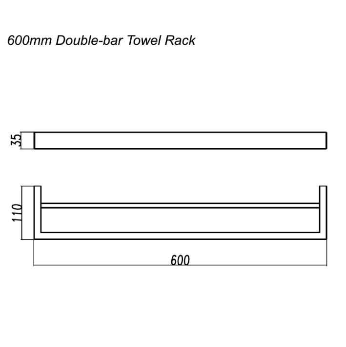 IVANO Square Double Towel Rail 600mm - Brushed Gun Metal Technical Drawing
