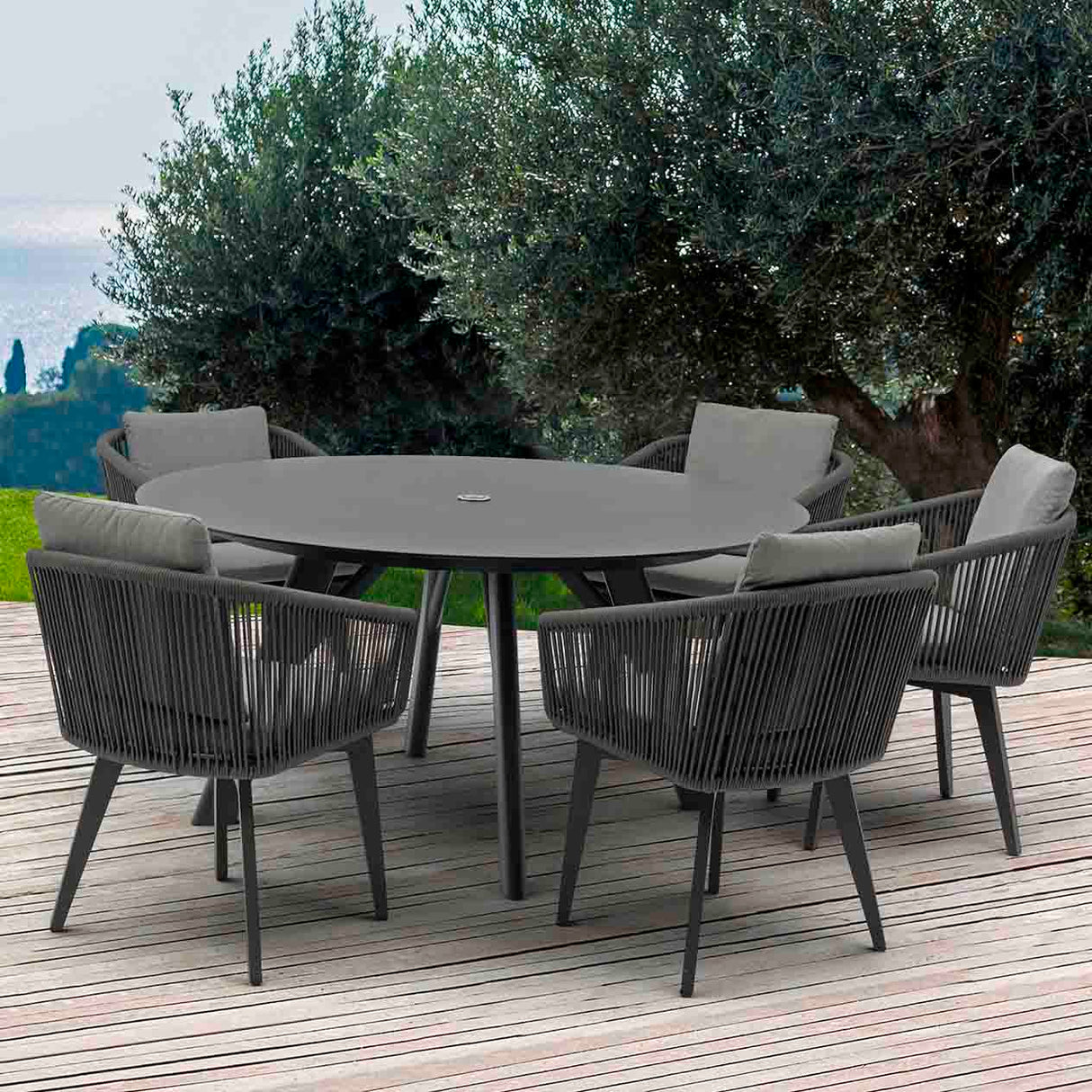 Iowa Outdoor Aluminium Round Dining Table with High-pressure Laminate Top in Charcoal/Teak Look