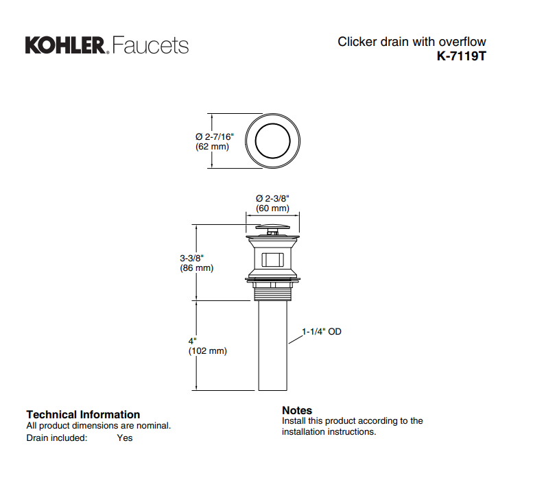 KOHLER Click-up 32mm Pop-up Waste