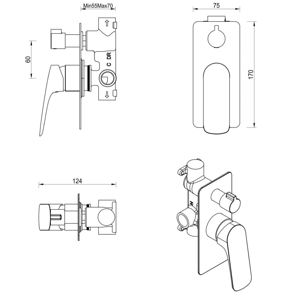 Kaza Shower Mixer Diverter – 1P – TRIM KIT ONLY