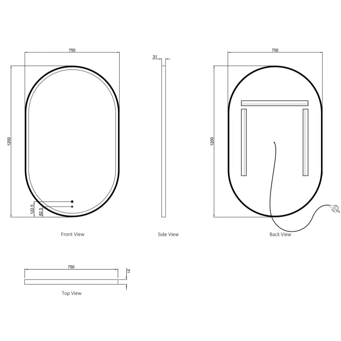 NOOSA Front-Lit LED Oval Metal Frame Mirror 1200x750mm Brushed Gold