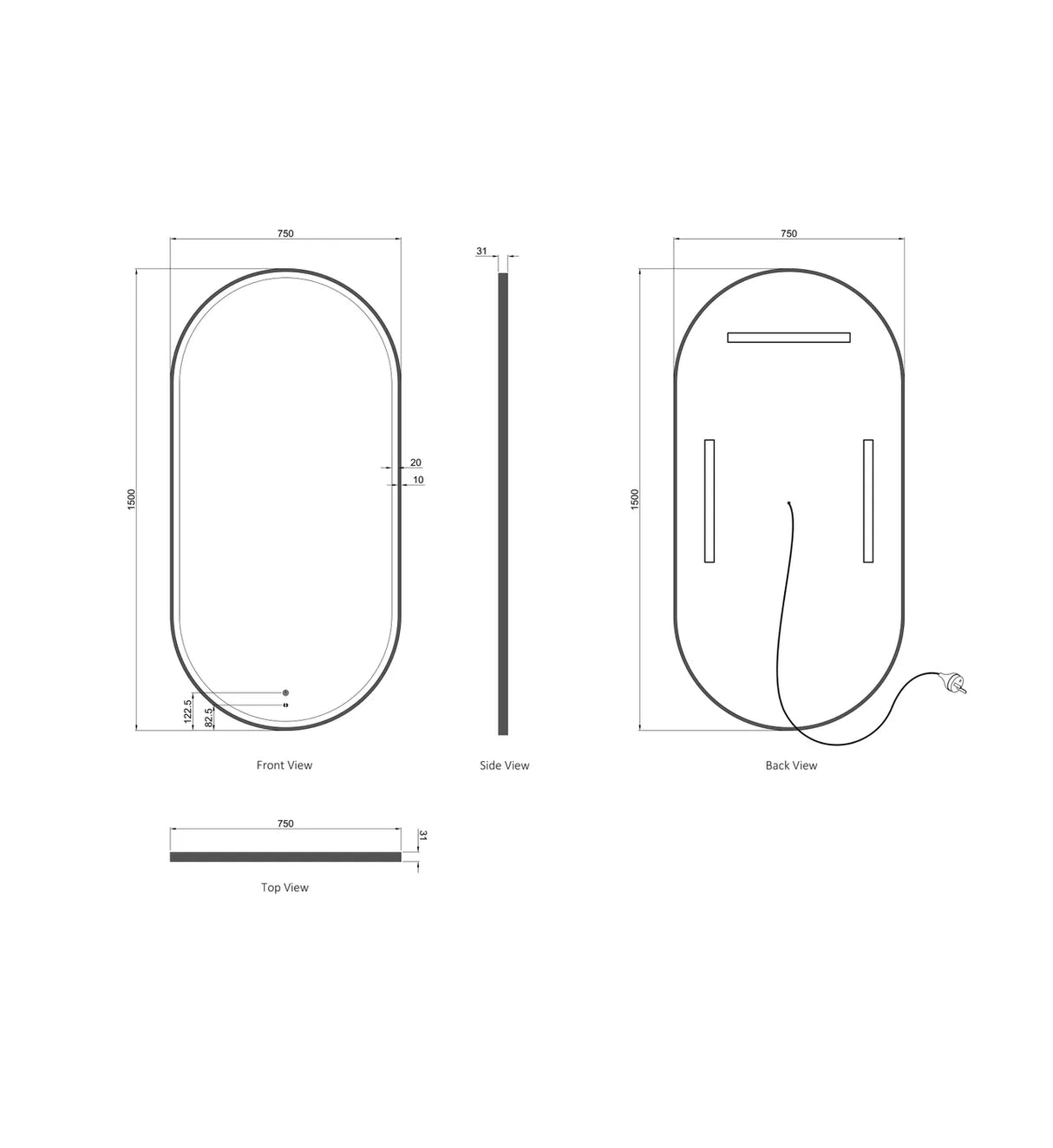 NOOSA Front-Lit LED Oval Metal Frame Mirror 1500x750mm Brushed Gold