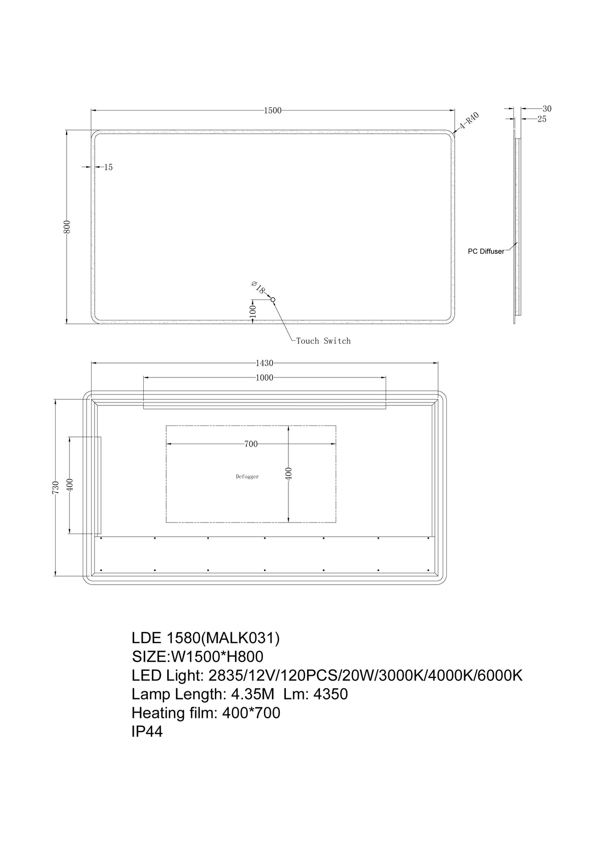 AQU Backlit LED Rectangle Frameless Mirror 1500x800mm