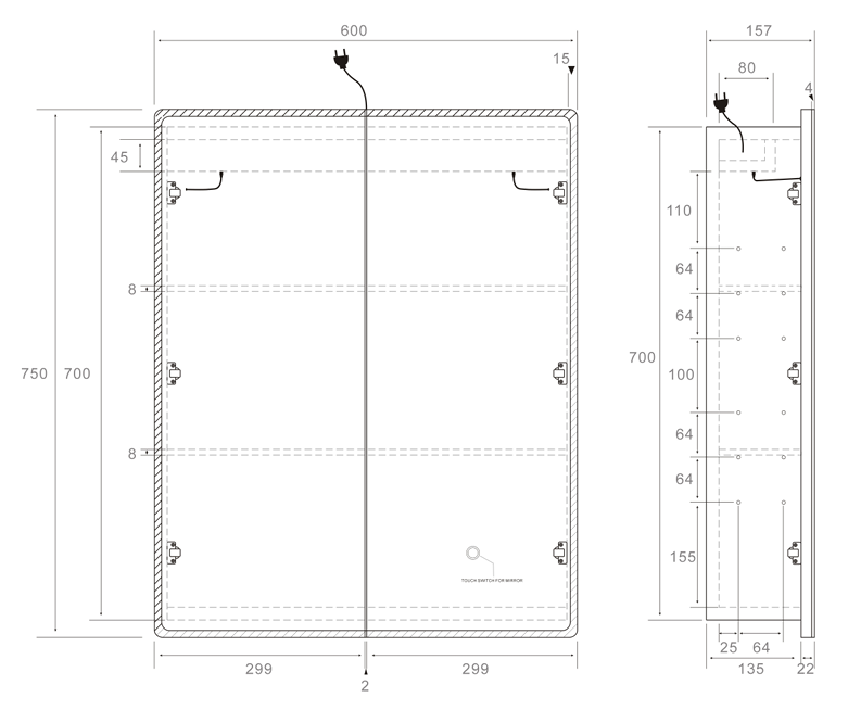 LUKKA Avola PVC Front-Lit LED Mirror Cabinet