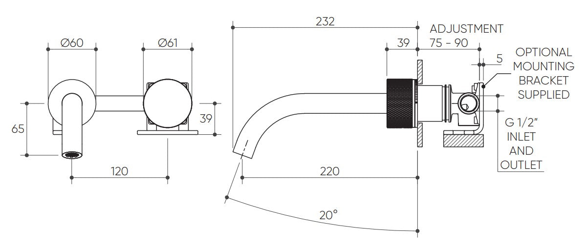 Leggero Wall Basin/Bath Progressive Mixer Set 220 Curved Spout Lead Free drawing