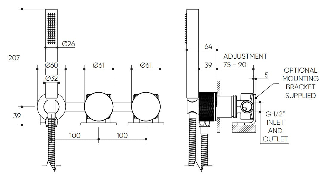 Leggero Wall Progressive Mixer with Diverter & Hand Shower Lead Free drawing