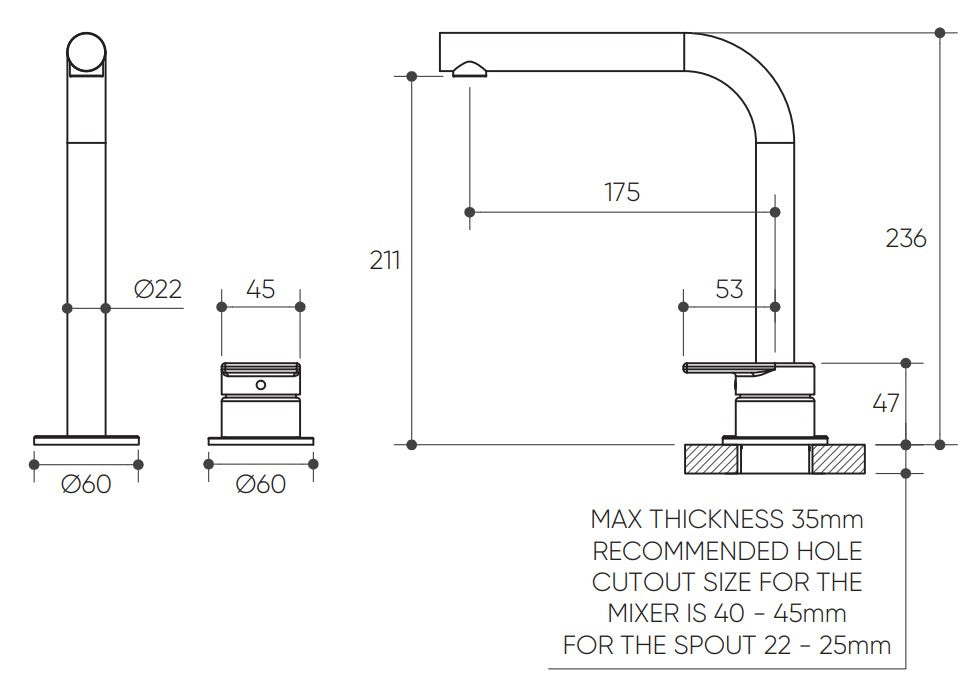Lekki Hob Basin Mixer Set 175 Right Angle Spout Lead Free drawing