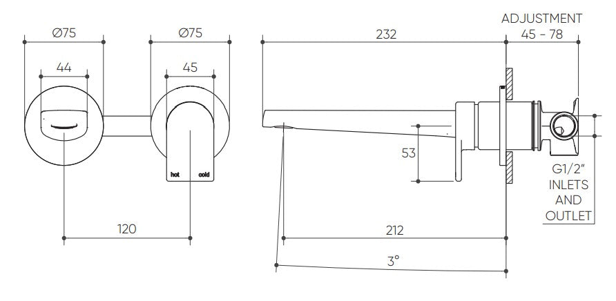 Lekki Wall Basin/Bath Mixer Set 200 Spout Lead Free drawing