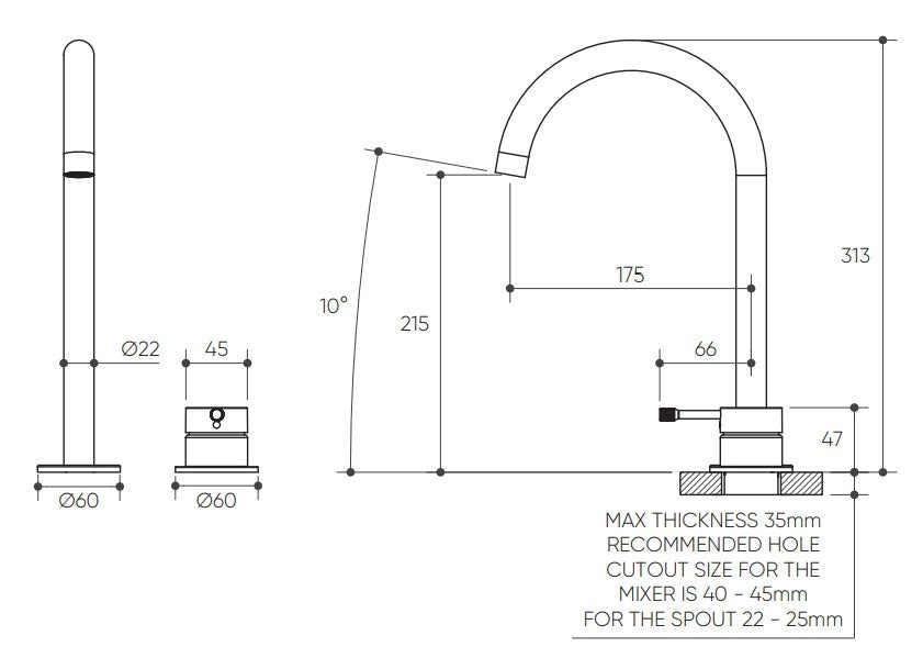 Leora Hob Basin Mixer Set 175 Curved Spout Lead Free drawing