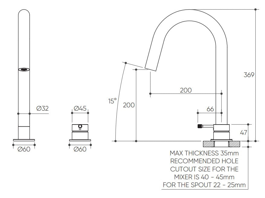 Leora Hob Sink Mixer Set 200 Curved Spout Lead Free drawing