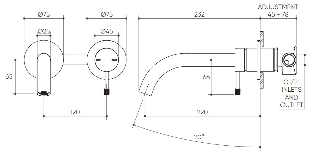 Leora Wall Basin/Bath Mixer Set 220 Curved Spout Lead Free drawing