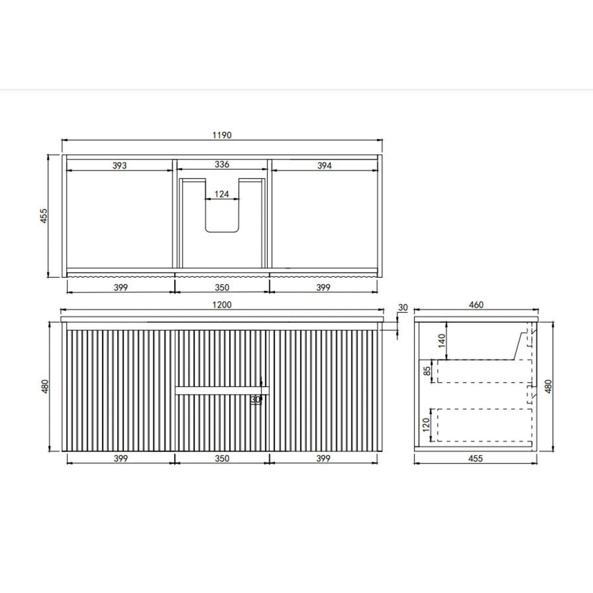 Lukka CRETE Modern PVC Wall Hung Vanity (Middle Drawer) 1200mm (Single/Double Bowl) (Matte Black)