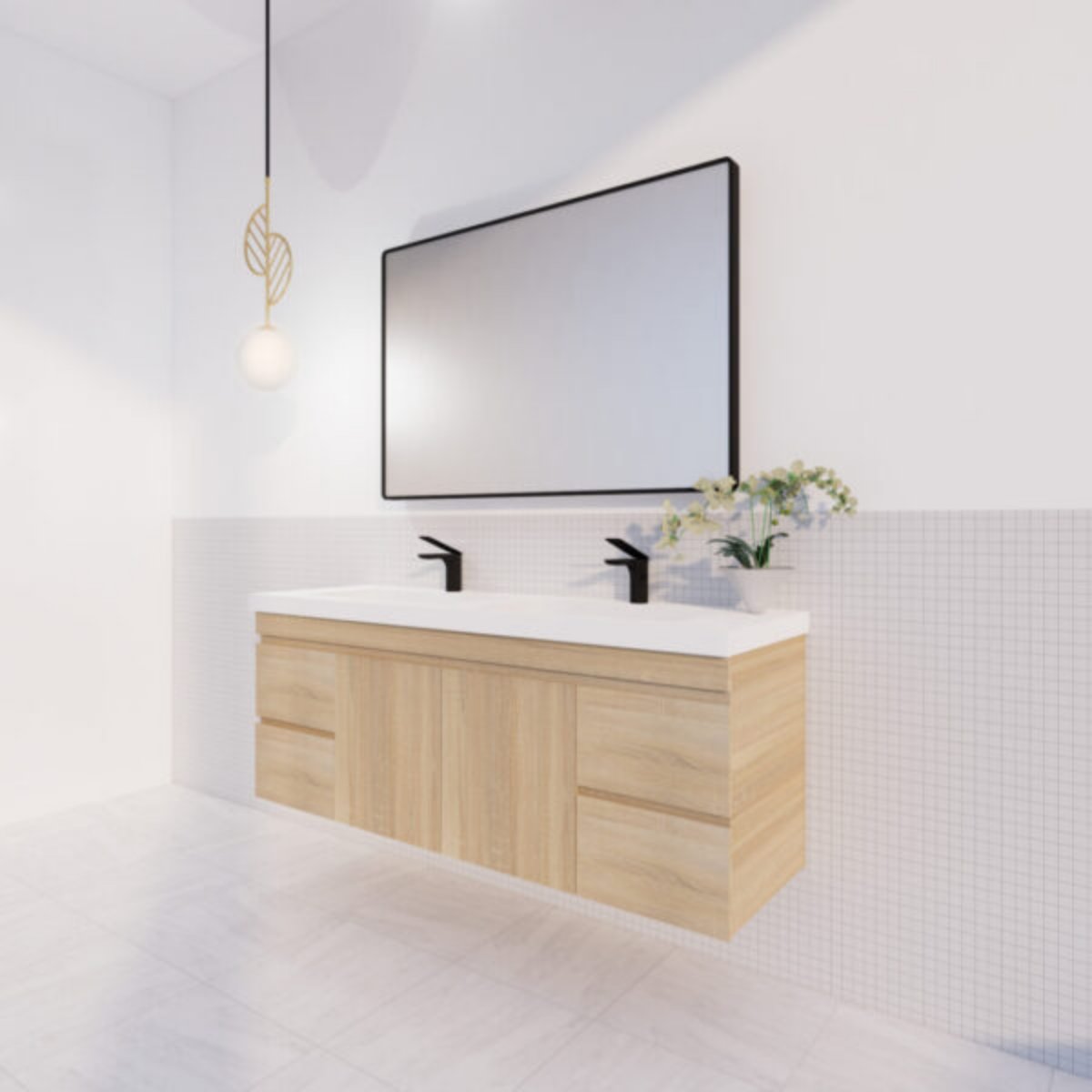 MF Light American Oak Double Bowl Wall Hung Vanity 1500mm